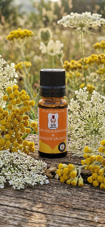 Mix uleiuri esențiale pure.  Elixir Regenerator: Morcov Sălbatic & Helichrysum    .Sinergia Longevității pentru Ten și Siluetă - 10ml