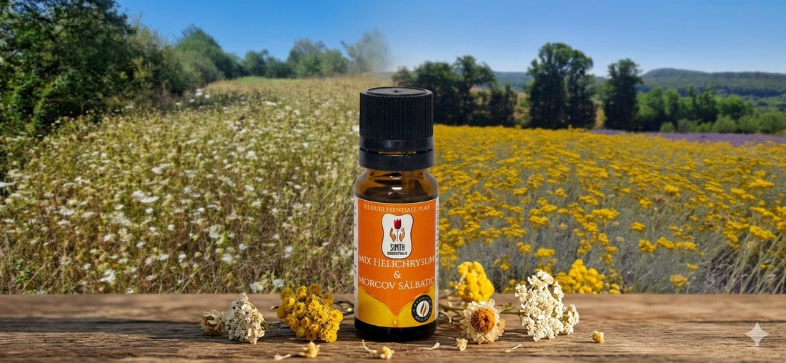 Mix uleiuri esențiale pure.  Elixir Regenerator: Morcov Sălbatic & Helichrysum    .Sinergia Longevității pentru Ten și Siluetă - 10ml